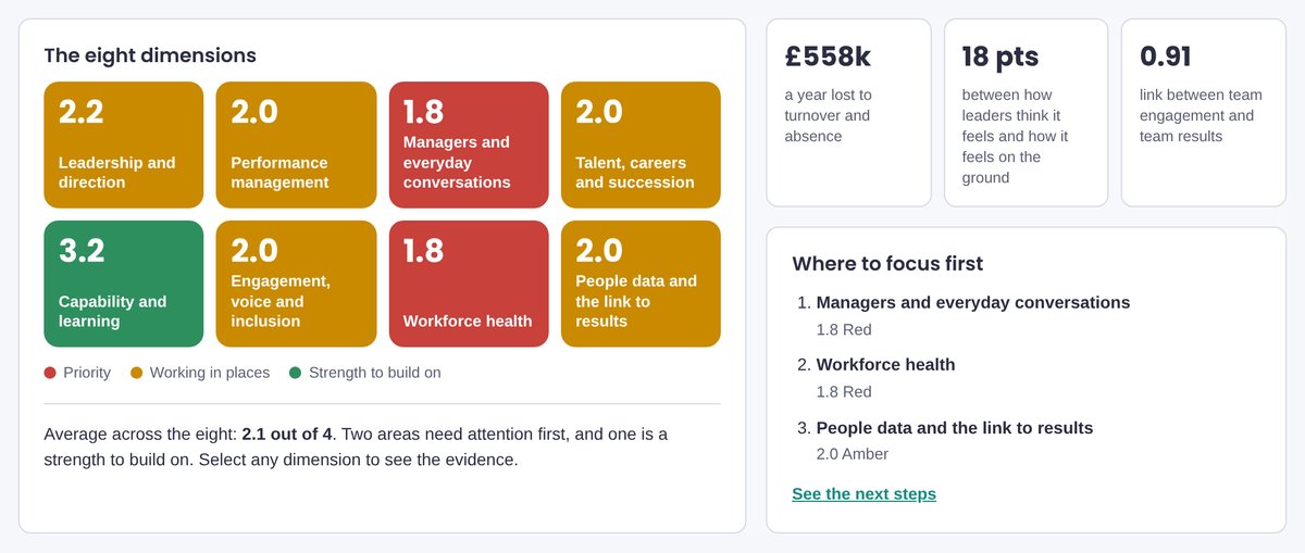 Example one-page summary: eight areas rated red, amber or green, the yearly cost of turnover and absence, and three priorities to focus on first